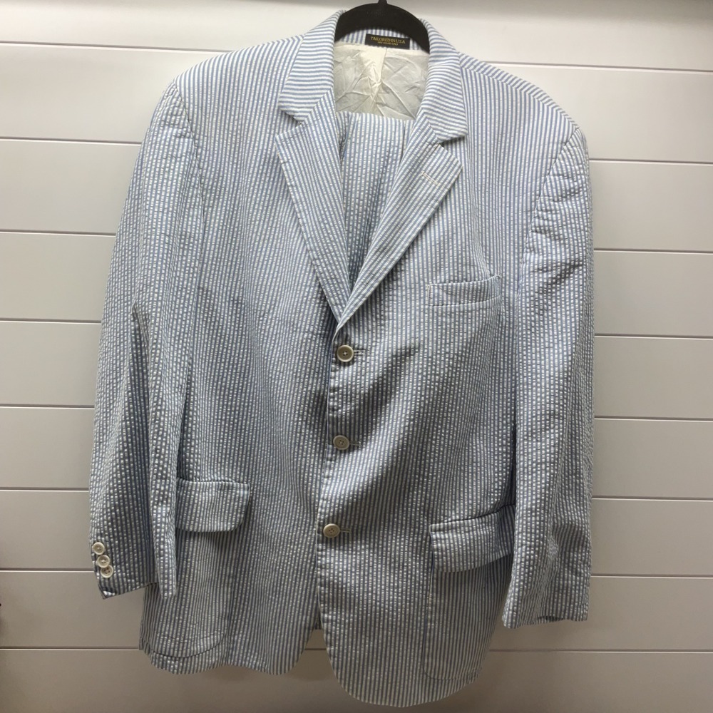 Maxs Mens Store Vintage Seersucker Suit Blue White Striped 2pc Made in USA 46 37